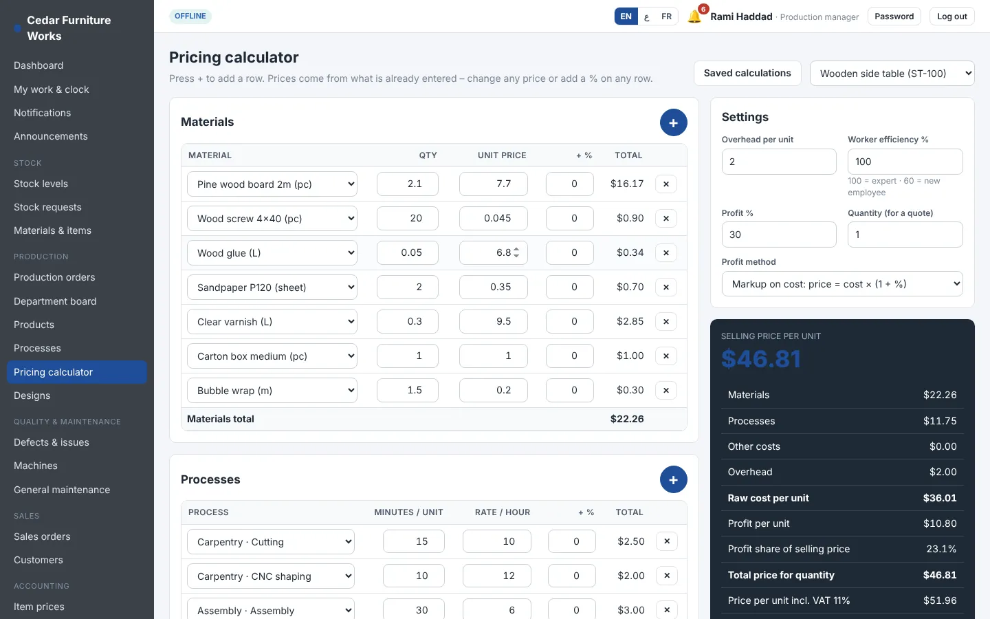 Pricing calculator with materials, processes and selling price
