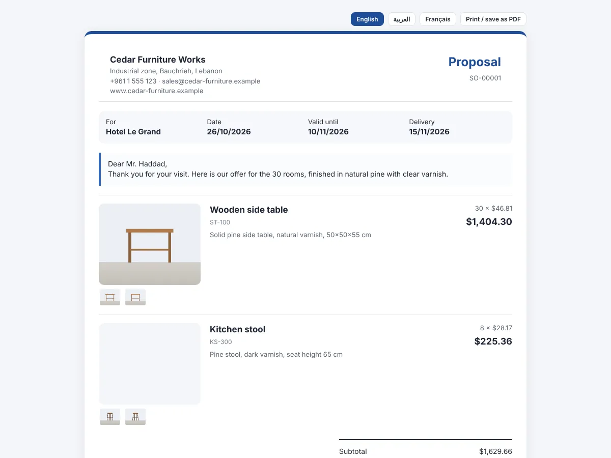 Customer proposal with product photos and prices